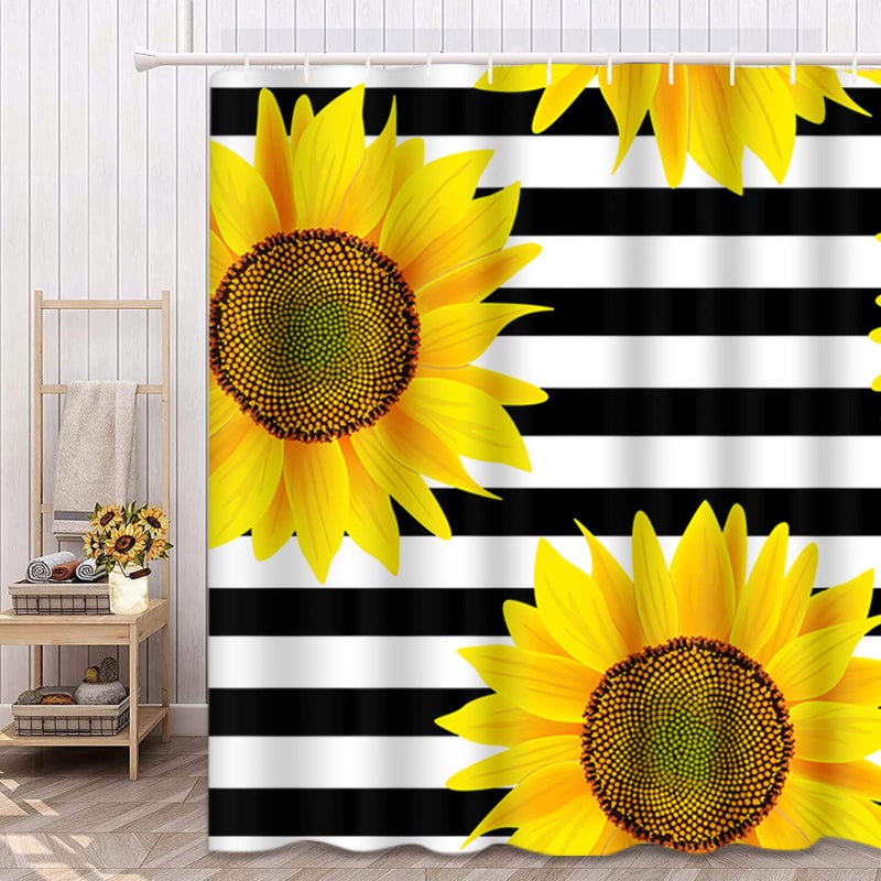 Emvency Shower Curtain Bright Sunflowers Striped Black and White Pattern Yellow Sun Flowers Print Home Decor Waterproof Polyester Fabric 72 x 72 inches Set with Hooks - Image 1